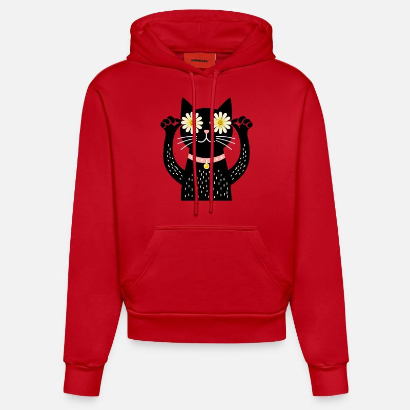 Chat et marguerites - Sweat à capuche bio ajusté fabriqué en UE - rouge
