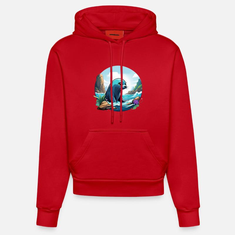 Phoque sur la côte - Sweat à capuche bio ajusté fabriqué en UE - rouge