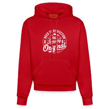 janvier 1966 – Édition outdoor aventure vintage  - Sweat à capuche bio ajusté fabriqué en UE - rouge - Devant