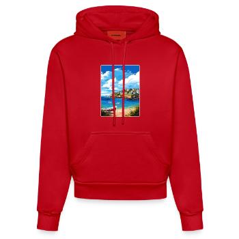 Coverack Cornwall England Travel Poster Souvenir - Organic Fitted Hoodie Made in EU - red - Front