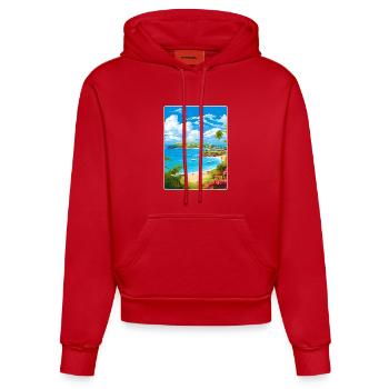Antigua and Barbuda Caribbean Travel Poster Card - Organic Fitted Hoodie Made in EU - red - Front