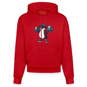 Pingouin cool avec haltère fitness musculation - Sweat à capuche bio ajusté fabriqué en UE - rouge - Devant