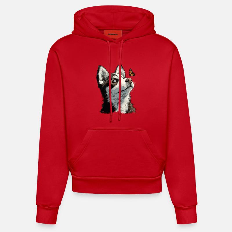 Chiot husky curieux et papillon - Sweat à capuche bio ajusté fabriqué en UE - rouge