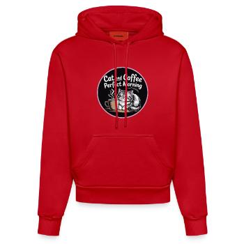 Cat and Coffee Perfect Morning - Organic Fitted Hoodie Made in EU - red - Front
