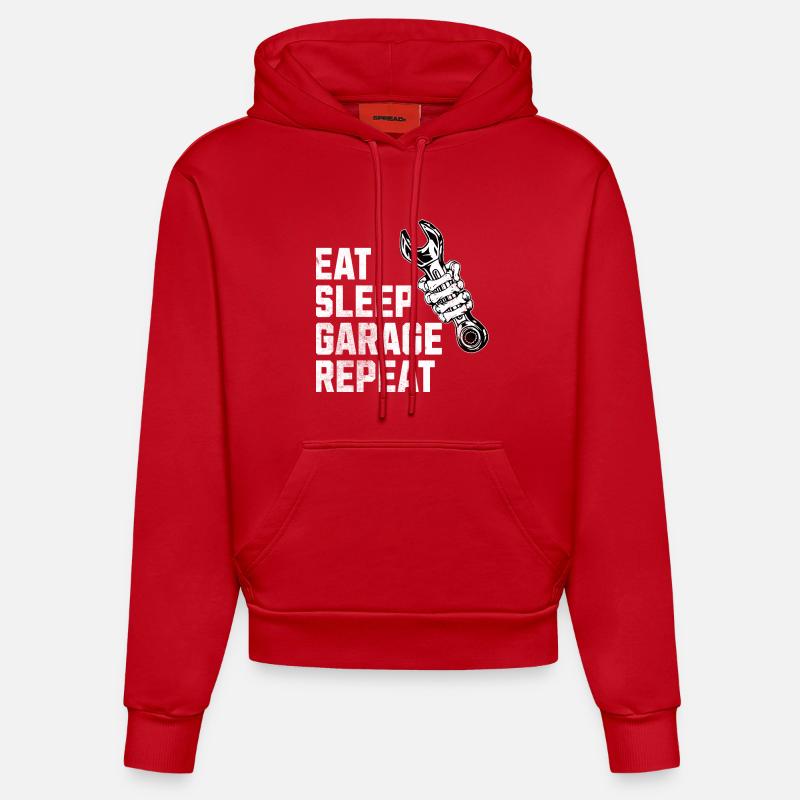 Eat Sleep Garage - Sweat à capuche bio ajusté fabriqué en UE - rouge