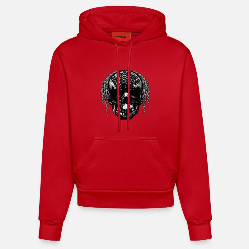 Skull with Mesh Pattern Dreadlocks - Organic Fitted Hoodie Made in EU - red