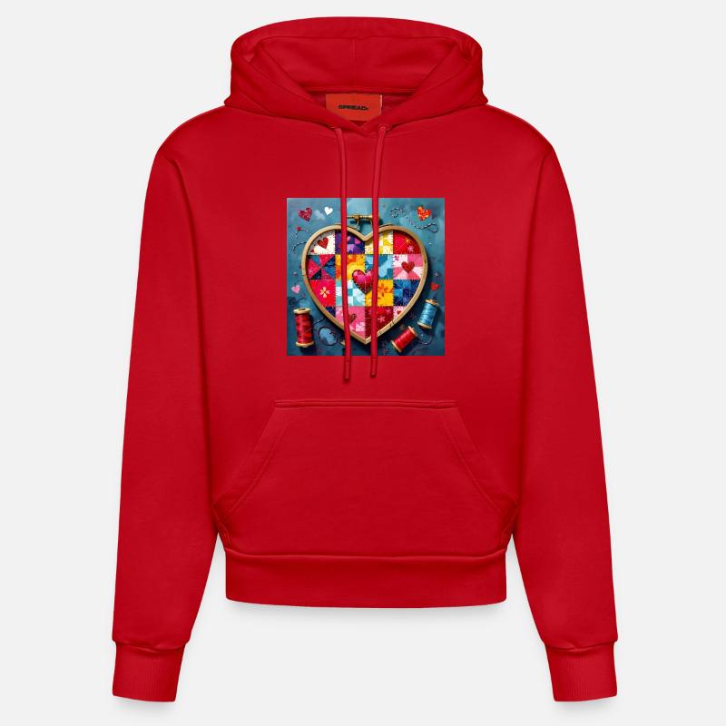 Art patchwork en cœur - Sweat à capuche bio ajusté fabriqué en UE - rouge