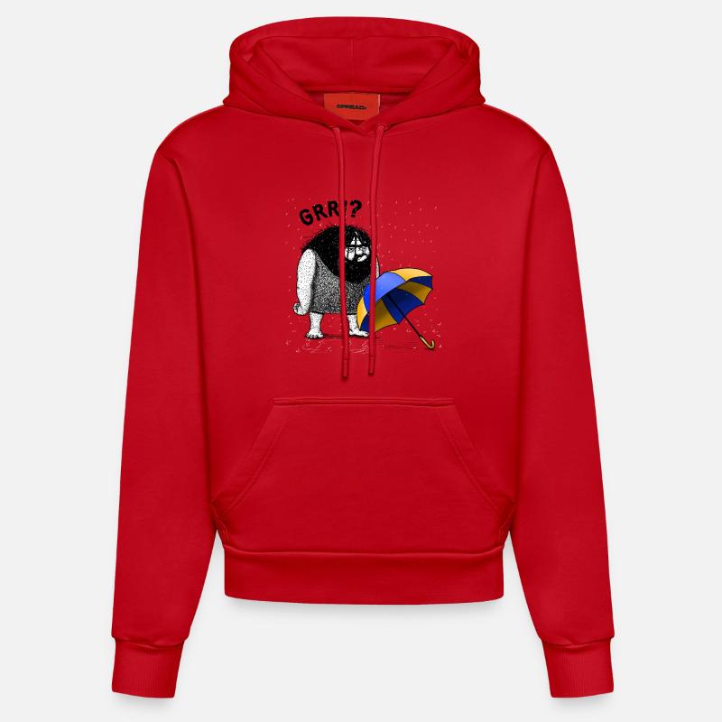 Homme des cavernes avec parapluie - Sweat à capuche bio ajusté fabriqué en UE - rouge