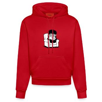 Sticker Child Reading Cozy Armchair Black and White - Organic Fitted Hoodie Made in EU - red - Front