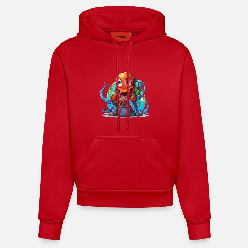 Poulpe voyageuse avec le globe - Sweat à capuche bio ajusté fabriqué en UE - rouge