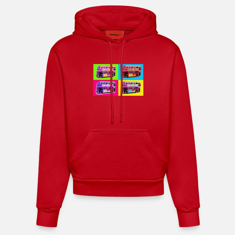 Bus Londres Pop Art Arc-en-Cirque - Sweat à capuche bio ajusté fabriqué en UE - rouge
