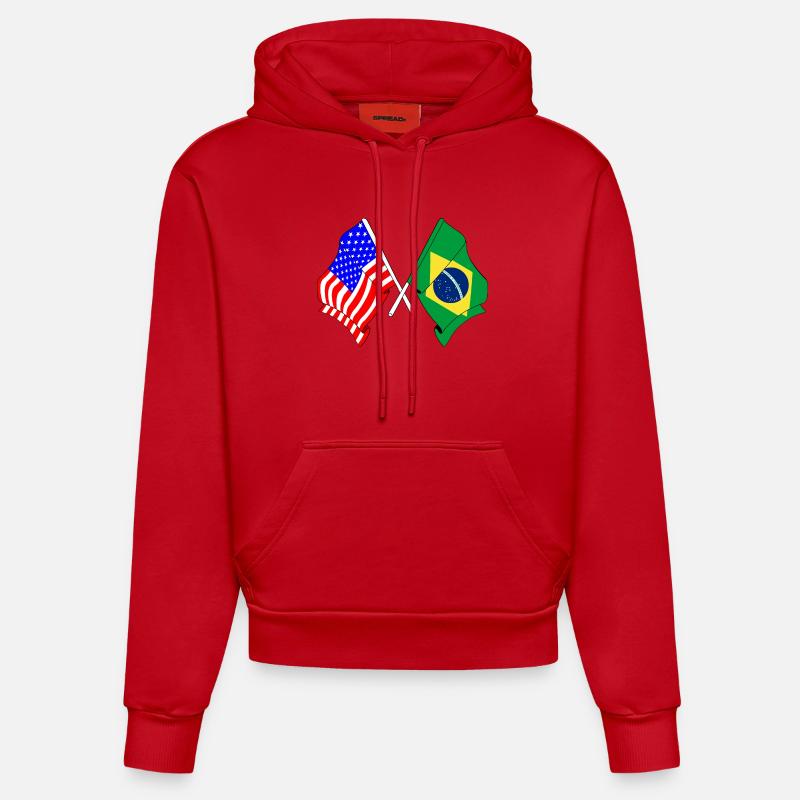 Drapeau des États-Unis et du Brésil - Sweat à capuche bio ajusté fabriqué en UE - rouge