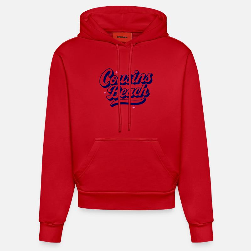 Cousins Beach - Conception de script rétro - Sweat à capuche bio ajusté fabriqué en UE - rouge