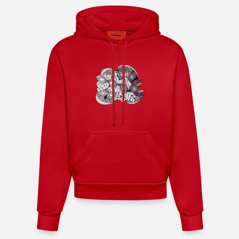 Peacock Feather Doodle Pattern - Organic Fitted Hoodie Made in EU - red