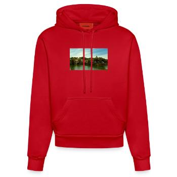 Panorama de la ville au bord de la rivière et du pont - Sweat à capuche bio ajusté fabriqué en UE - rouge - Devant