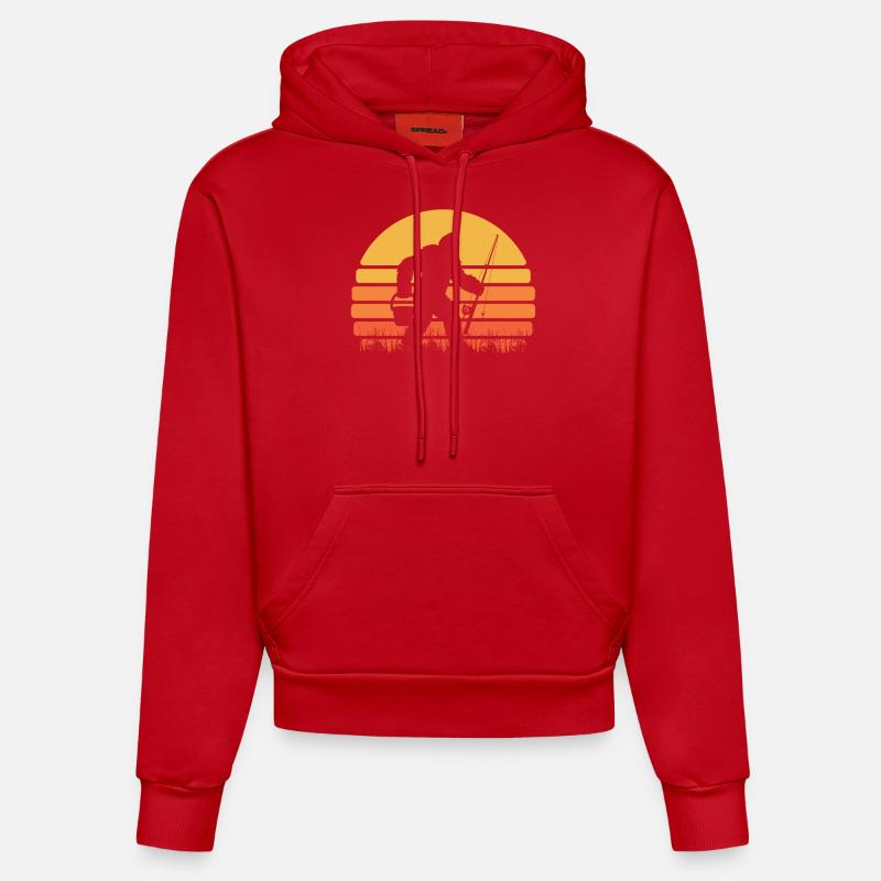 Fisherman Angler Retro Sunset Sasquatch - Sweat à capuche bio ajusté fabriqué en UE - rouge