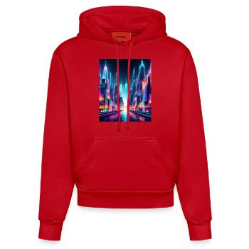 Futuristic Neon Cityscape – Vibrant Cyberpunk Art - Organic Fitted Hoodie Made in EU - red - Front