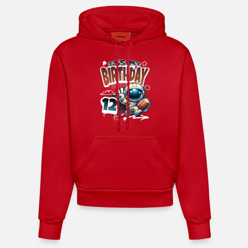 Astronaute 12e anniversaire Football - Sweat à capuche bio ajusté fabriqué en UE - rouge