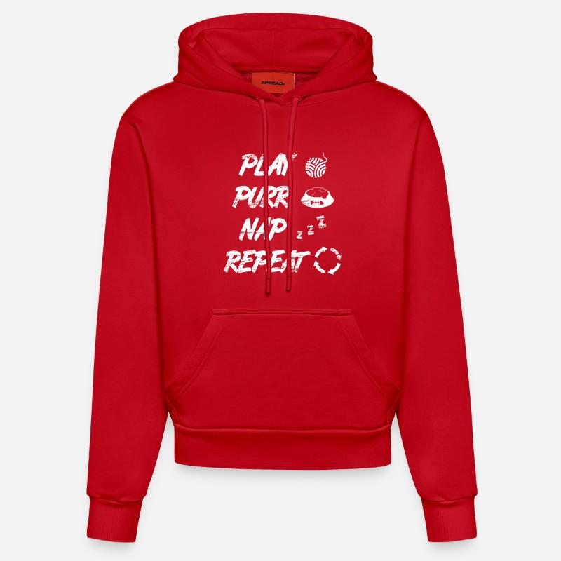 Routine quotidienne du chat - Sweat à capuche bio ajusté fabriqué en UE - rouge