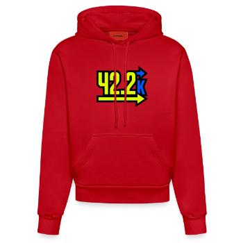Fier arrivant au marathon 42,2 km - Sweat à capuche bio ajusté fabriqué en UE - rouge - Devant