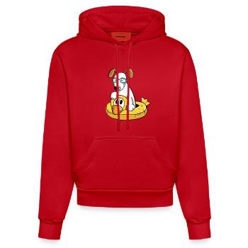 Hund Im Urlaub Mit Schwimmreif - Organic Fitted Hoodie Made in EU - Rot - Vorne