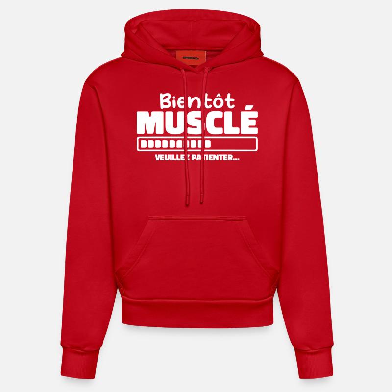 Bientôt Musclé - Veuillez Patienter - Sweat à capuche bio ajusté fabriqué en UE - rouge