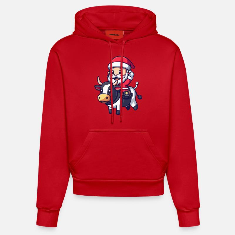 Vache Père Noël Dessin animé - Sweat à capuche bio ajusté fabriqué en UE - rouge