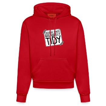 Les esprits créatifs sont rarement bien rangés Logo créatif drôle - Sweat à capuche bio ajusté fabriqué en UE - rouge - Devant