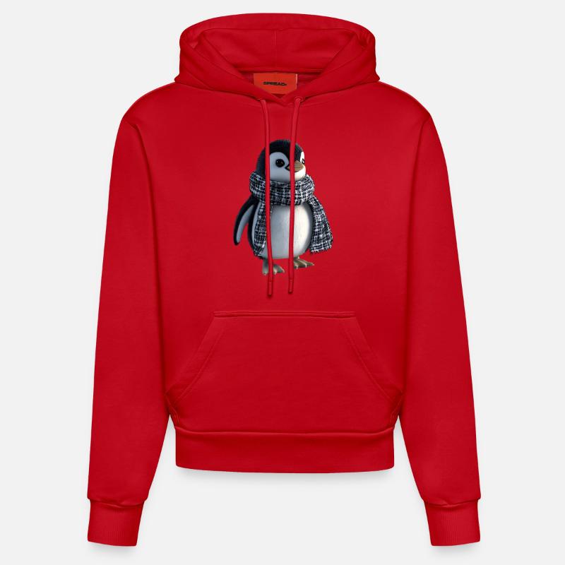Pingouin drôle avec une écharpe - Sweat à capuche bio ajusté fabriqué en UE - rouge