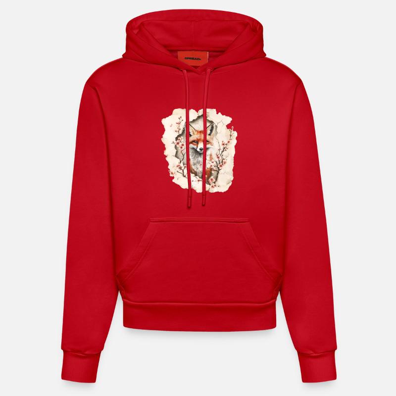 Renard aux cerisiers en fleurs - Sweat à capuche bio ajusté fabriqué en UE - rouge
