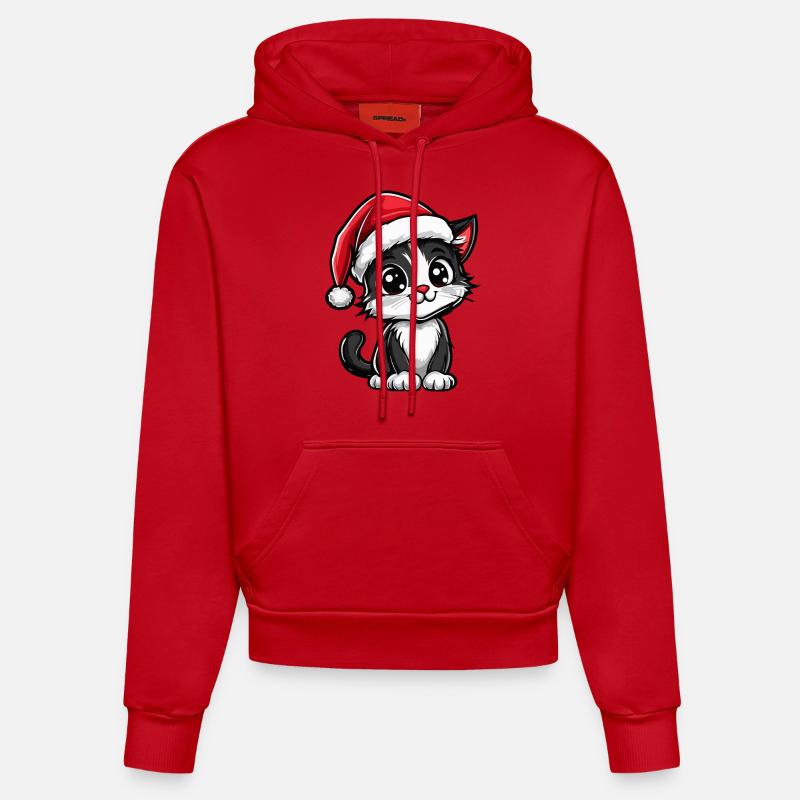 Chat Noël Mignon - Sweat à capuche bio ajusté fabriqué en UE - rouge
