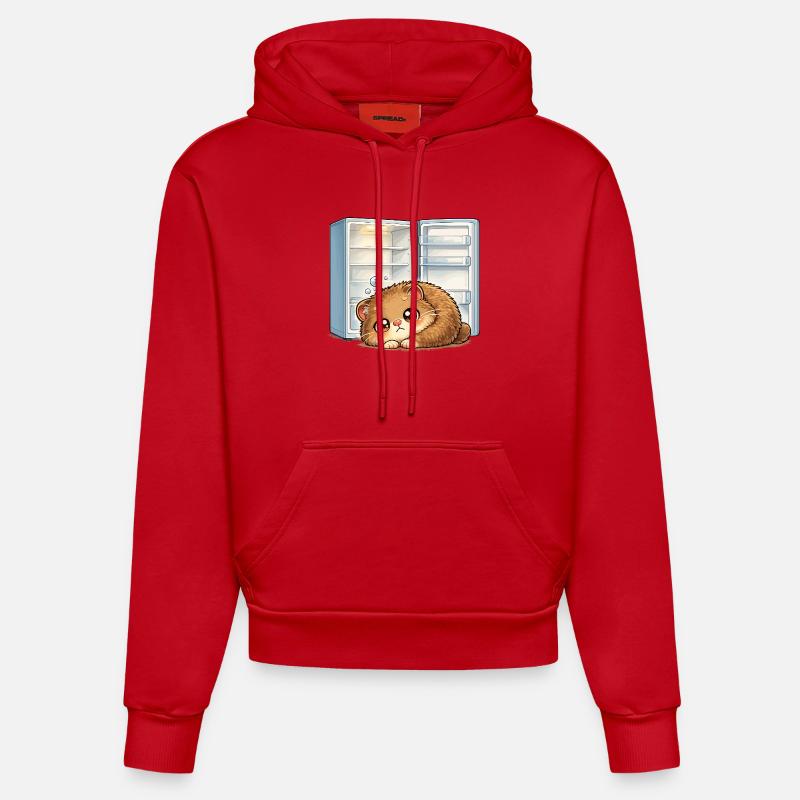 Petit chat devant un réfrigérateur ouvert - Sweat à capuche bio ajusté fabriqué en UE - rouge