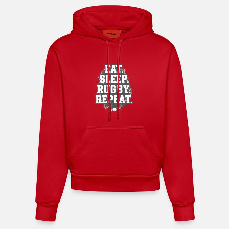 Manger et dormir Rugby Répéter - Sweat à capuche bio ajusté fabriqué en UE - rouge