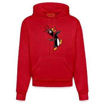 Verrückter Pinguin läuft dumm guckt doof albern - Organic Fitted Hoodie Made in EU - Rot - Vorne