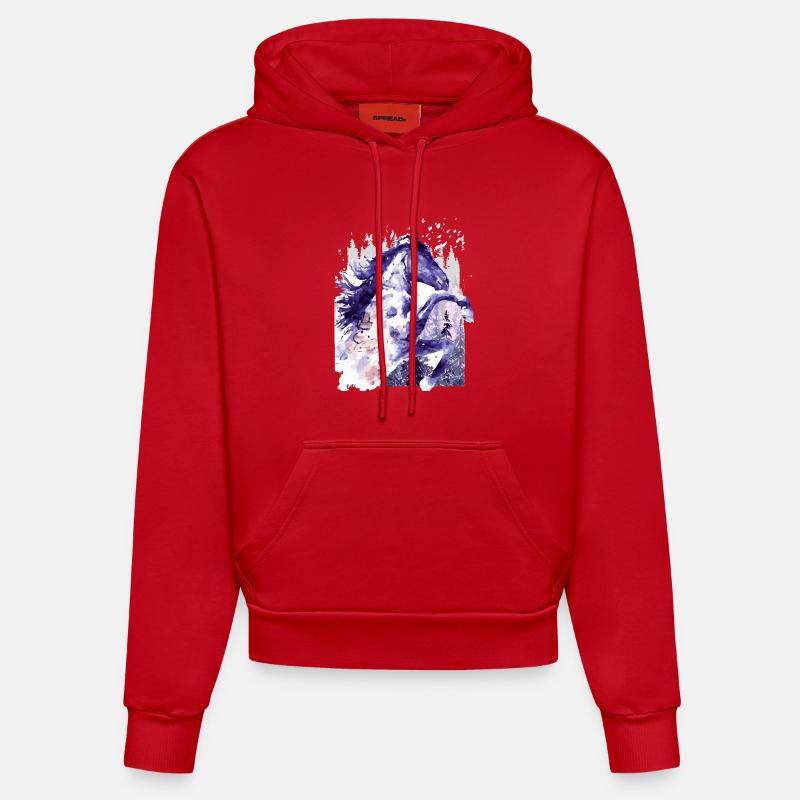 Équitation - Équitation - École d’équitation - Aquarelle - Sweat à capuche bio ajusté fabriqué en UE - rouge