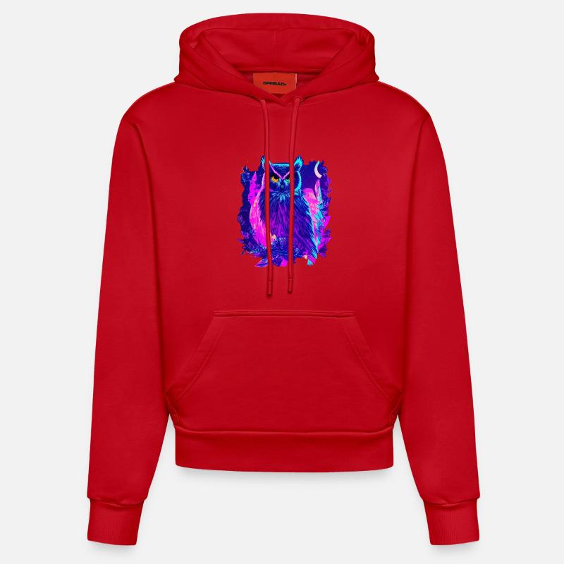 Neon Glowing Owl Synthwave - Sweat à capuche bio ajusté fabriqué en UE - rouge