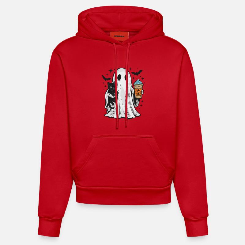 Fantôme d’Halloween avec chat et café - Sweat à capuche bio ajusté fabriqué en UE - rouge