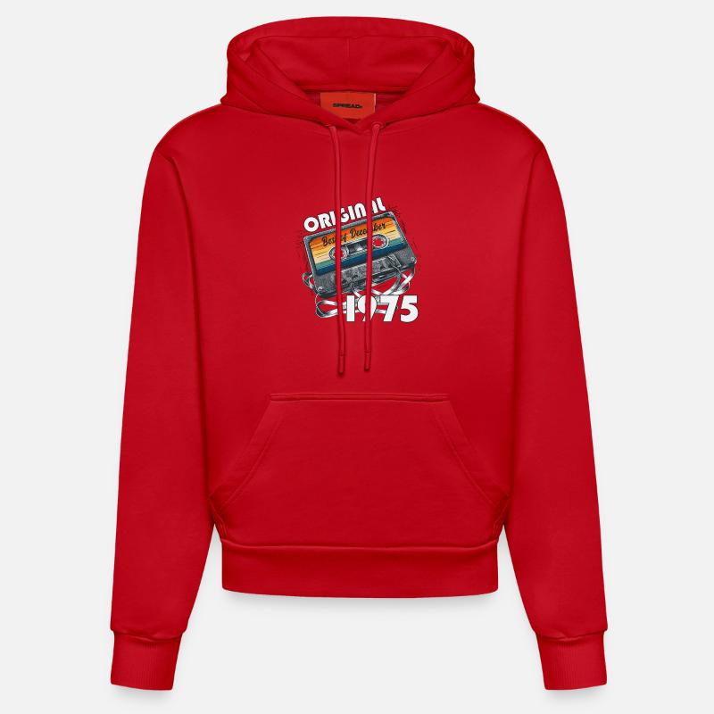 50e anniversaire cassette décembre 1975 - Sweat à capuche bio ajusté fabriqué en UE - rouge