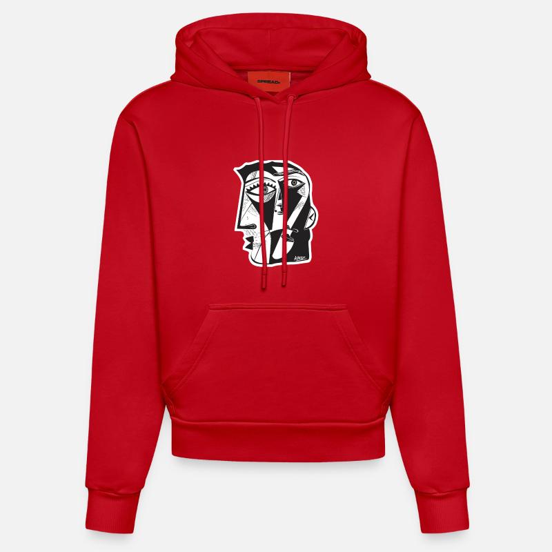 Cubist Face Linework - Organic Fitted Hoodie Made in EU - red