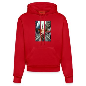 Funny Cow Selfie on a City Street - Organic Fitted Hoodie Made in EU - red - Front