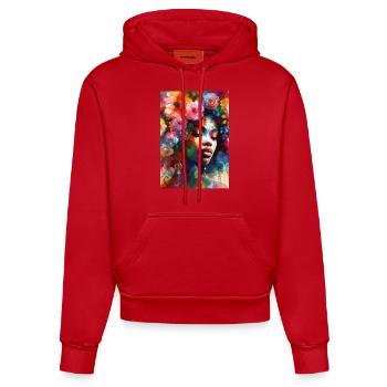 Africa Frau, Bunt, Flower, Blumen, Sommer, Urlaub - Organic Fitted Hoodie Made in EU - Rot - Vorne