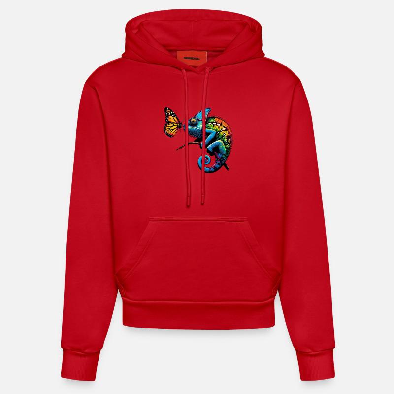 Caméléon et papillon - Sweat à capuche bio ajusté fabriqué en UE - rouge