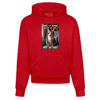 Un chat avec une légende amusante. - Sweat à capuche bio ajusté fabriqué en UE - rouge - Devant