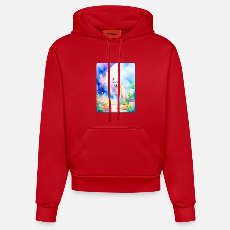 Loup blanc entouré de fleurs - Sweat à capuche bio ajusté fabriqué en UE - rouge