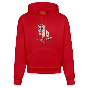 Funny Pig Skating on Skateboard Cartoon Skater - Organic Fitted Hoodie Made in EU - red - Front