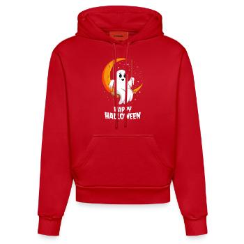 Niedlicher Geist auf Mondschaukel feiert Halloween - Organic Fitted Hoodie Made in EU - Rot - Vorne