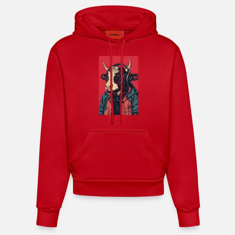Vache hipster avec casque - Sweat à capuche bio ajusté fabriqué en UE - rouge