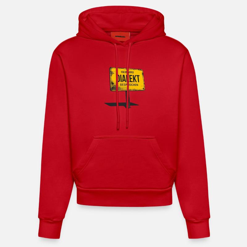On parle ici un dialecte – drôle de dicton - Sweat à capuche bio ajusté fabriqué en UE - rouge