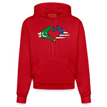 Pakistan USA Flag Hand Heart Shape Used - Organic Fitted Hoodie Made in EU - red - Front