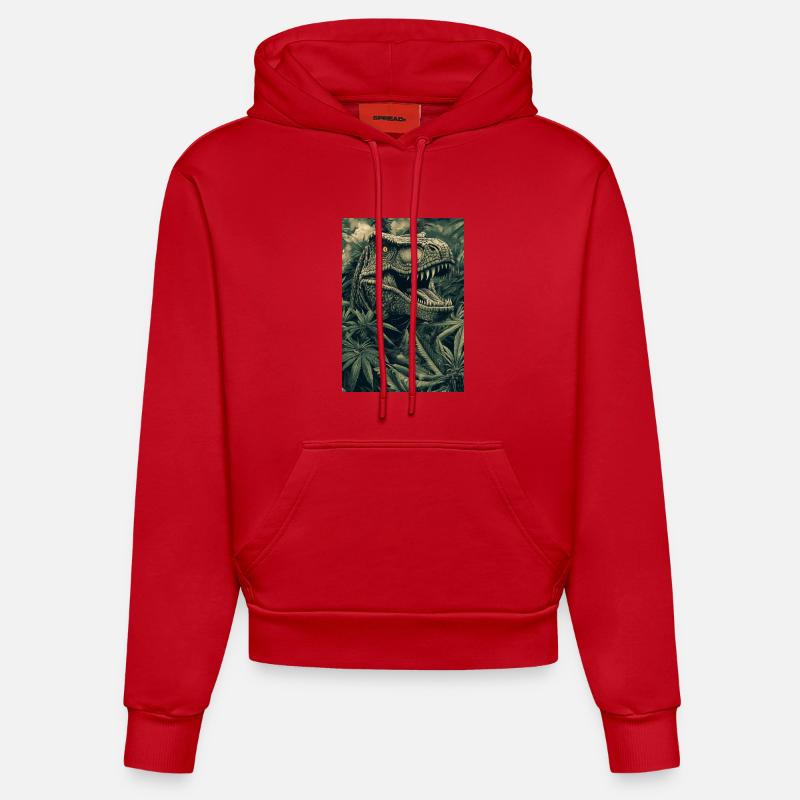 Dino dans la jungle des feuilles - Sweat à capuche bio ajusté fabriqué en UE - rouge